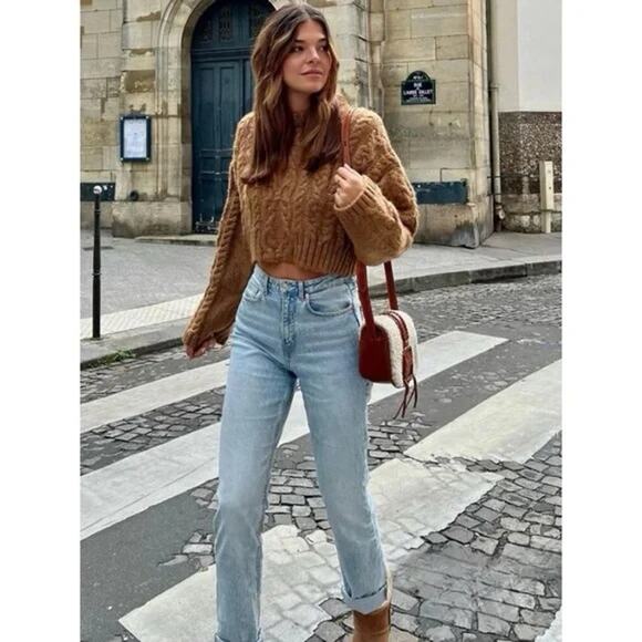 NWT ZARA Bloggers Fave Cable Knit Cropped Sweater Tan Brown Size Small - Picture 4 of 11